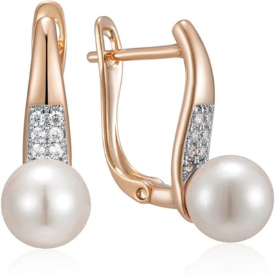 Modieuze parel oorbellen met lange hanger voor dames, roségoudkleurig met witte natuurlijke zirkonia. Fijne sieraden voor dagelijks gebruik. beige