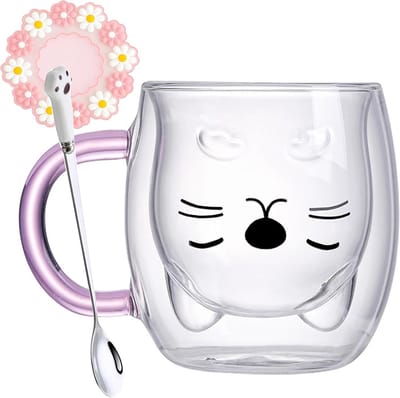 Dubbelwandige kattenmok met roze handvat, inclusief lepel en onderzetter - ideaal als cadeau voor kattenliefhebbers, koffie- en theedrinken