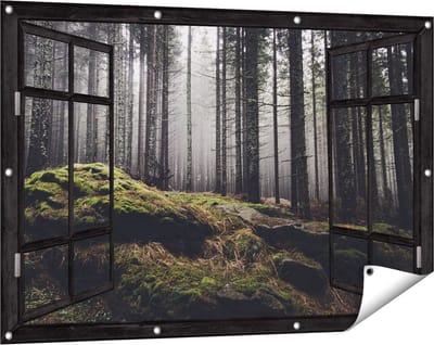 Gards Tuinposter Doorkijk Bos met Mos op Rotsen - 120x80 cm - Tuindoek - Tuindecoratie - Wanddecoratie buiten - Tuinschilderij