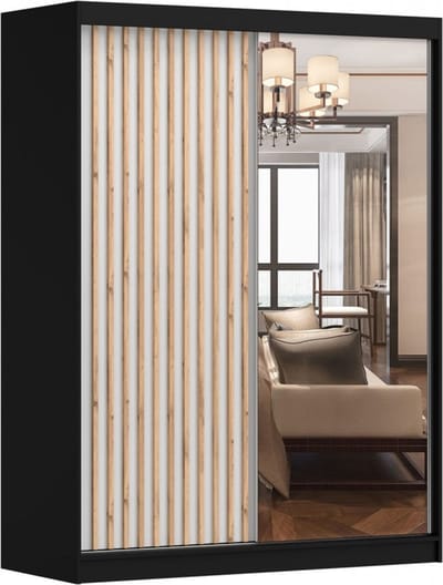 Zweefdeurkast Kledingkast met Spiegel, Schuifwandkast met decoratieve lamellen 150x200x61 cm - LABI B1 (Zwart + Wit, 150)