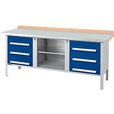 Box-type werkbank Schäfer Shop Select PW 200-2, beuken multiplex blad, met stalen afdekking, tot 750 kg, B 2000 x D 700 x H 840 mm, gentiaanblauw