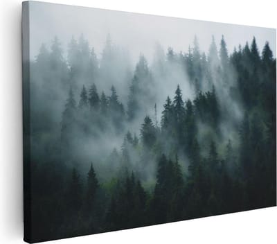 Artaza Canvas Schilderij Mistig Bos - 30x20 cm - Klein - Wanddecoratie Bomen - Muurdecoratie Woonkamer - Kamer Accessoires Natuur
