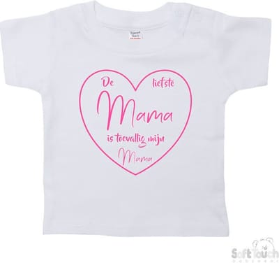 Soft Touch T-shirt Shirtje Korte mouw "De liefste mama is toevallig mijn mama" Unisex Katoen Wit/roze Maat 62/68
