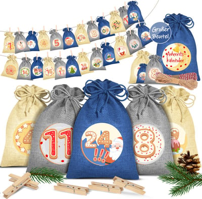 KESSER® Adventskalender om zelf te vullen 24 Jute Zakjes Bedrukte Stoffen Kerst Zakjes Incl. 24x Labels + 1 Grote Stoffen Opbergzak Advent Kalender - Blauw / Gekleurd - 14cm x 10cm