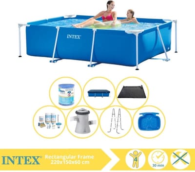 Intex Rechthoekig Frame Zwembad - 220 x 150 x 60 cm - Blauw - Inclusief Afdekzeil - Onderhoudspakket - Zwembadfilterpomp - Filter - Solar Mat - Ladder - Voetenbad - 8-delig