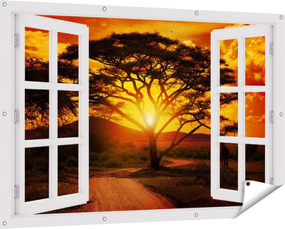 Gards Tuinposter Doorkijk Zonsondergang Achter een Savanne Boom - 150x100 cm - Tuindoek - Tuindecoratie - Wanddecoratie buiten - Tuinschilderij