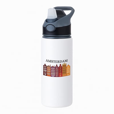 Hacebo® - Amsterdam waterfles met rietje zwart - Amsterdam - Amsterdammers - de echte Amsterdam liefhebbers - Rijtjeshuizen - water fles - 650ML