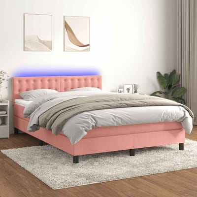 vidaXL - Boxspring - met - matras - en - LED - fluweel - roze - 140x190 - cm