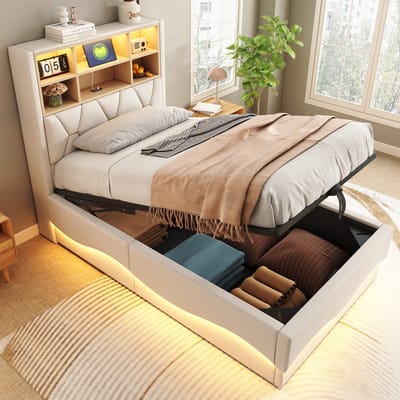 DESMIU Kinderbed 90x200 cm - Stijle Ladebed Met Ledverlichting En Usb - Hoofdeinde Opbergruimte En Hydraulische Opbergruimte - Kinderkamer - Beige - Zonder Matras