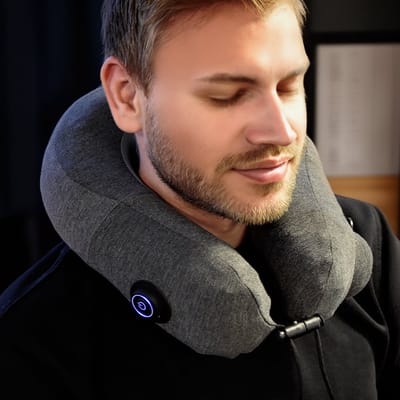 MikaMax Opblaasbaar Nekmassagekussen - Grijs - Compact & Ergonomisch Reiskussen - Lichtgewicht Neksteun voor Ontspanning in Vliegtuig, Auto of Thuis