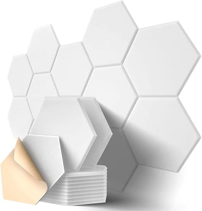 Hexagon zelfklevende akoestische panelen - verpakking van 12 - geluidsabsorbers met hoge dichtheid - voor plafond-/deur-/muurdecoratie en akoestische behandeling, studio-/huis-/gamedecoratie (30 x 26 x 0,9 cm)
