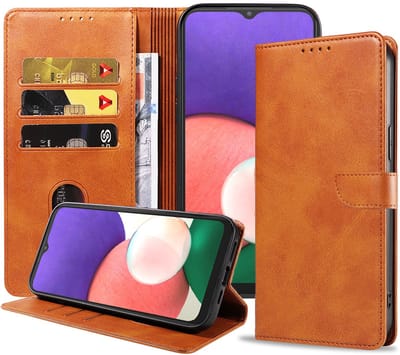 Geschikt voor Samsung Galaxy A22 5G Telefoonhoesje Kunstleer met Magnetisch lipje en Pasjeshouder Book Case met Klepje - Bruin - Smartphonica geschikt voor Samsung Galaxy A22 5G