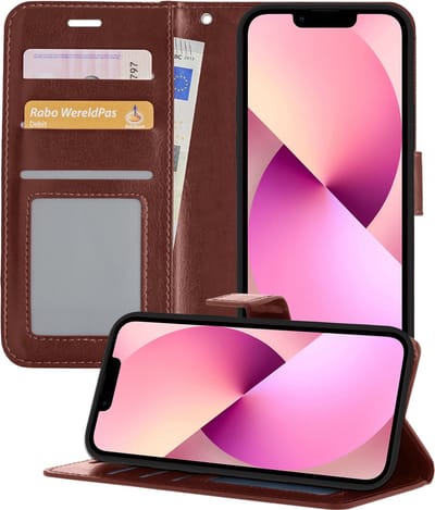 Hoesje - Met Pasjeshouder - Geschikt voor Apple iPhone 14 - Luxe Bookcase Portemonee - Flip Case - Kunstleer Book Case - Flipcase - Book Cover - Walletcase - Portemonneehoes - Telefoonhoesjes - Bruin