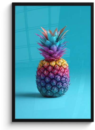 Poster in lijst - Fotolijst 60x90 cm - Posters - Ananas - Regenboog - Blauw - Popart - Posterlijst zwart - Decoratie - Wanddecoratie woonkamer - Muurdecoratie slaapkamer