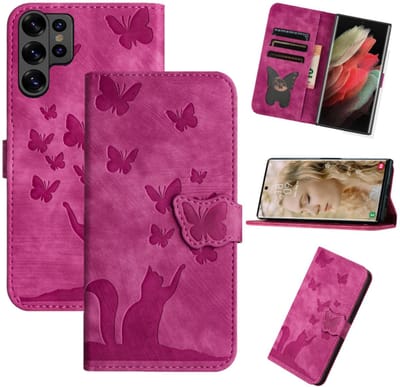 BookCover Hoes Etui geschikt voor Samsung Galaxy S26 ULTRA - Vlinders en Kat - Roze - Reliëf