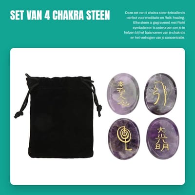 Dailygoods- Chakra Steen Set - 4 Stuks - Natuurlijke Reiki Healing Kristallen - Gegraveerde Symbolen - Meditatie - Fluwelen Zakje - Healing Crystals