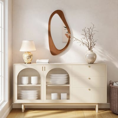 MODFU - Wandspiegel - Golvende Lijnen - Organisch Ontwerp - Voor Hal Of Woonkamer - Grenenfineer En MDF - Naturel Hout - 91,5 X 45 X 3 Cm