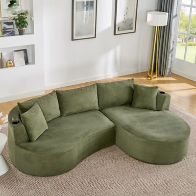 HAUSS SPOLE Hoekbank - 3-Zits Met Rechter Chaise Longue - Bekerhouders En Kussens - Voor Woonkamer - Kordstof Groen