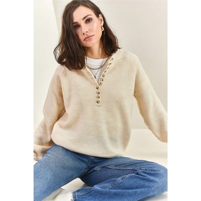 Knopenkraag Relaxed Fit Gebreide Trui