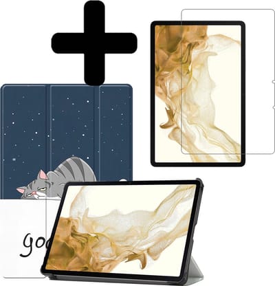 Hoes - Geschikt voor Samsung Galaxy Tab S8 - Met Screenprotector - Trifold Bookcase - Hard Cover - Hardcover Book Case - Tablet Hoesje - Kat