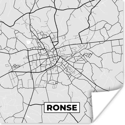 Poster Zwart Wit – België – Plattegrond – Stadskaart – Kaart – Ronse - 100x100 cm XXL