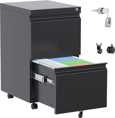 Rolcontainer metaal met 2 laden - Afsluitbare archiefkast voor kantoor met wielen - 65x37x44 cm - Zwart
