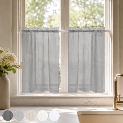 Qelus Waterafstotende Vitrage - Korte Gordijnen - 84x61cm - Raamvalletje - waterafstotend - linnenlook - lichtdoorlatend - dubbele tunnelzoom - voor keuken - badkamer - Lichtgrijs - 1 Stuk