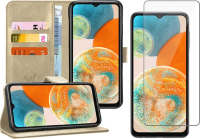 Hoesje geschikt voor Samsung A23 - Book Case Kunstleer Wallet Cover Portemonnee Pasjeshouder Hoes Goud - Tempered Glass Screenprotector