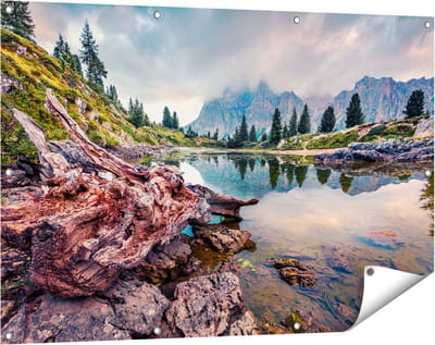 Gards Tuinposter Meer met Rotsen in de Alpen Bergen - 120x80 cm - Tuindoek - Tuindecoratie - Wanddecoratie buiten - Tuinschilderij