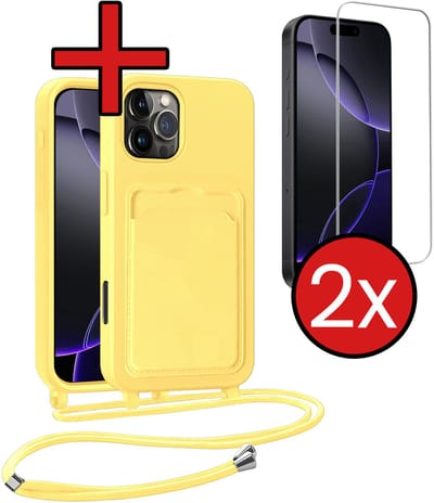 Hoesje Geschikt voor iPhone 16 Pro Hoesje Met Telefoonkoord en Pasjeshouder Met 2x Screenprotector Siliconen - Hoes Geschikt voor iPhone 16 Pro Hoesje Met Kaarthouder Case - Geel