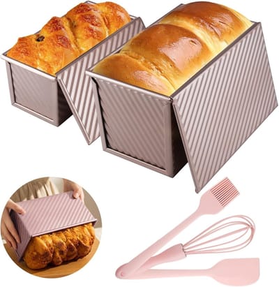 Set van 2 anti-aanbak broodbakvormen met deksel, 450 g en 230 g, ideaal voor vers brood, deeg en gebak bakken