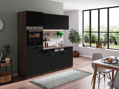 Goedkope keuken 205  cm - complete keuken met apparatuur Oliver  - Donker eiken/Zwart   - keramische kookplaat - vaatwasser   - oven    - spoelbak