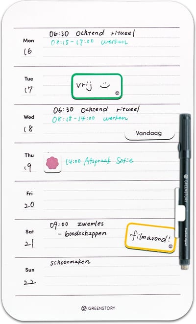 GreenStory - Week Planbord - Zelfklevend - Sticky Whiteboard - met Sticky Pen