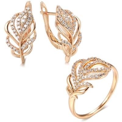 Rose Goud Dames Oorbellen Ringen Sets Mode Natuurlijke Zirconia Bloemen Vintage Oorbellen Ringen Cadeau Dagelijkse Fijne Sieraden Set 7 beige