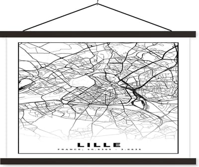 Posterhanger incl. Poster 60x40 cm - Schoolplaat - Plattegrond - Lille - Kaart - Frankrijk - Stadskaart - Zwart wit - Textielposter - Zwarte latten - Stadskaart