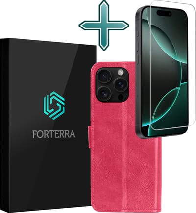 Hoesje Met Screenprotector - Geschikt voor Apple iPhone 16 Pro - Luxe Pasjeshouder - Flipcase - Bookcase Portemonee - Flip Case - Kunstleer Book Case - Book Cover - Walletcase - Portemonneehoes - Donkerroze