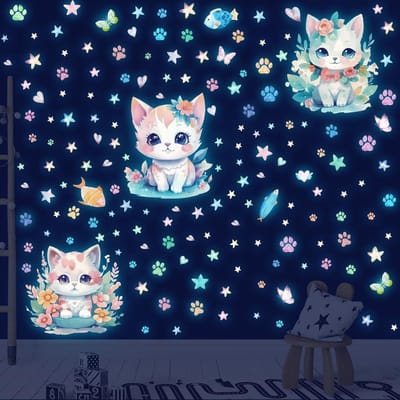 Lichtgevende sterren, zelfklevende muurtattoo, kinderkamer, meisjes, lichtgevende stickers, kleine kat, lichtgevende sterren, muursticker, sterrenhemel, lichtsticker, babykamer, decoratie, cadeau voor