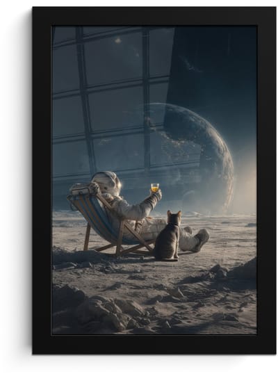 Poster in lijst - Fotolijst 20x30 cm - Posters - Maan - Kat - Astronaut - Ruimte - Posterlijst zwart - Decoratie - Wanddecoratie woonkamer - Muurdecoratie slaapkamer