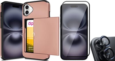 Hoesje met Pasjeshouder geschikt voor iPhone 16 - Screenprotector FullGuard & Camera Lens Screen Protector Zwart - Back Cover SlideCase Roségoud