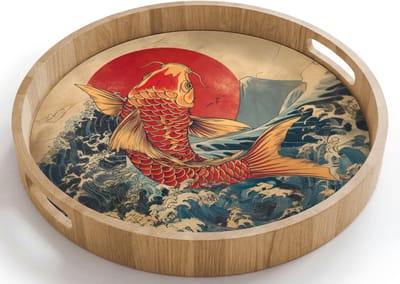 Dienblad rond 40x40 cm - Schootdienblad hout - Koi - Zee - Golven - Zon - Borrelplank rechthoek - Plateau houten dienbladen