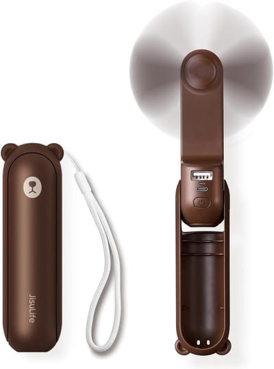 Mini Ventilator USB Oplaadbaar - Handventilator - Draagbare Ventilator - Tafelventilator Opvouwbaar - Ventilator met Powerbank en Zaklamp - Compacte Reisventilator - 12-19 Uur Accuduur - Bruin