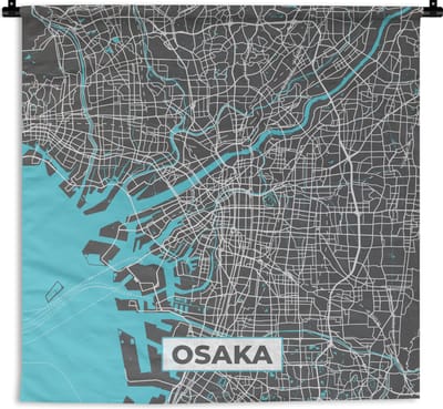 Wandkleed - Wanddoek - Osaka - Blauw - Kaart - Plattegrond - Stadskaart - 180x180 cm - Wandtapijt