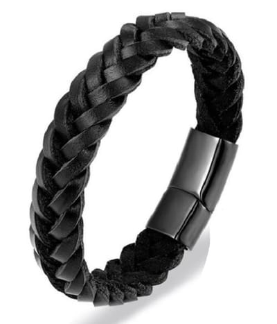 Sorprese armband - Excellence - armband heren - zwart - grof gevlochten leer - 19 cm - RVS - cadeau - Model O