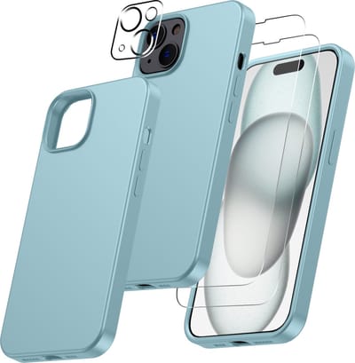 Hoesje Geschikt voor iPhone 15 Plus – Zacht siliconen liquid backcover met 2x screenprotector gehard glas en 1x lens protector – Licht Blauw