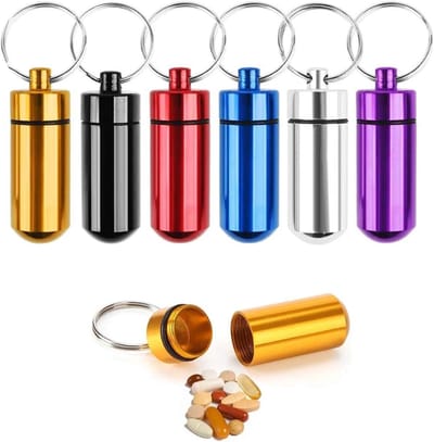 Waterdichte Aluminium Pil Doos Set van 6, Kleurrijke Container voor Medicijnen, Sleutelhanger en Noodcash voor Outdoor Reizen en Camping