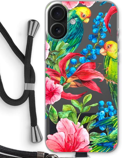 Case Company® - Hoesje met koord geschikt voor iPhone 16 Plus hoesje met Koord - Papegaaien - Telefoonhoesje met Zwart Koord - Bescherming aan alle Kanten en Over de Schermrand