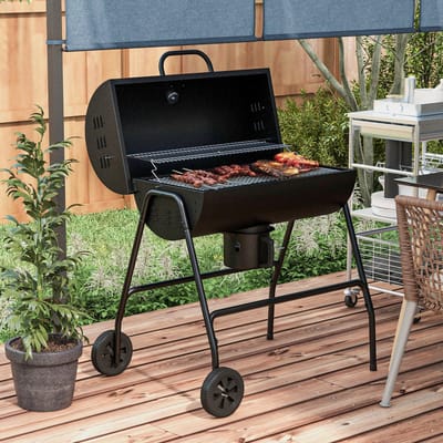 MEUNIQ Houtskoolbarbecue BBQ smoker met deksel, thermometer, luchtventielen en 2 wielen, metalen grillwagen voor tuin, terras en camping, 95 x 71,5 x 102 cm