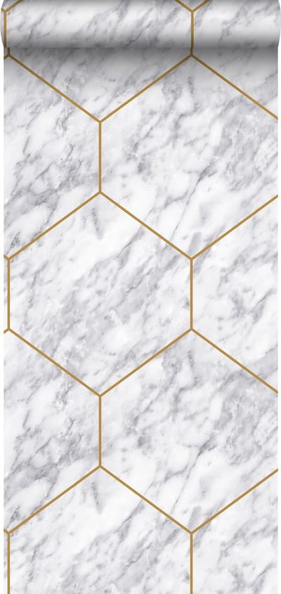 Origin Wallcoverings behang hexagon met marmer effect wit, grijs en goud - 50 x 900 cm - 347808