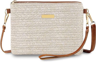 Stro schoudertas voor dames met afneembare armband en schouderbanden, ideale crossbody tas voor strand en zomer, stijlvolle mobiele telefoontas met ritssluiting