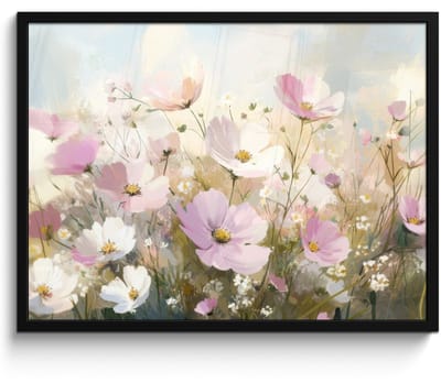 Poster in lijst - Fotolijst 70x50 cm - Posters - Bloemenveld - Lichte tinten - Geschilderd - Posterlijst zwart - Decoratie - Wanddecoratie woonkamer - Muurdecoratie slaapkamer